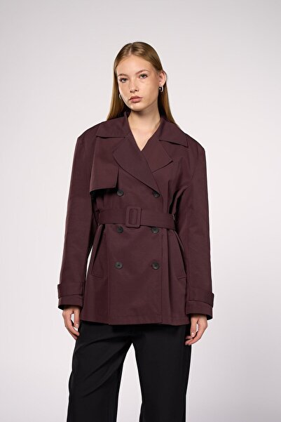 Thalure Kadın Bordo Kemerli Kısa Trençkot