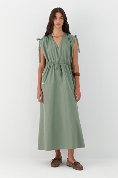 MARKALİSTE Drawstring Detailed V-Neck Dress Khaki