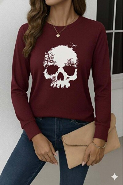 Moda Ebrar Women's Long Sleeve Crew Neck Skull Print Viscose Blouse