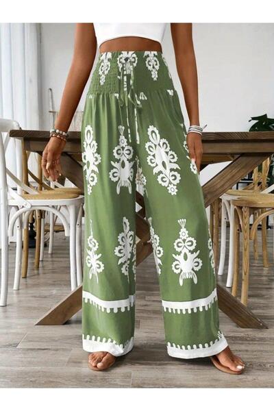 Lady Moss Women's High Waist Gathered Ethnic Pattern Printed Single Jersey Tr...