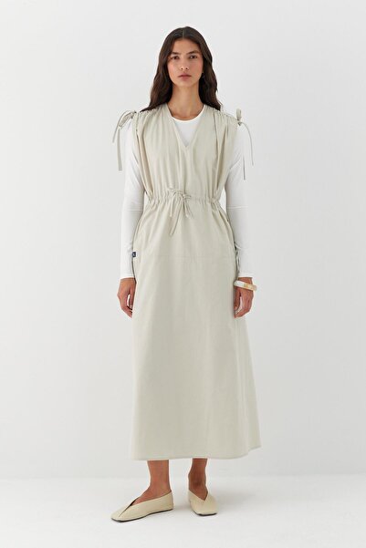 MARKALİSTE Drawstring Detailed V-Neck Dress Beige