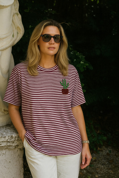 GZ Design Cactus Embroidered Claret Red Striped Crew Neck Oversize T-Shirt