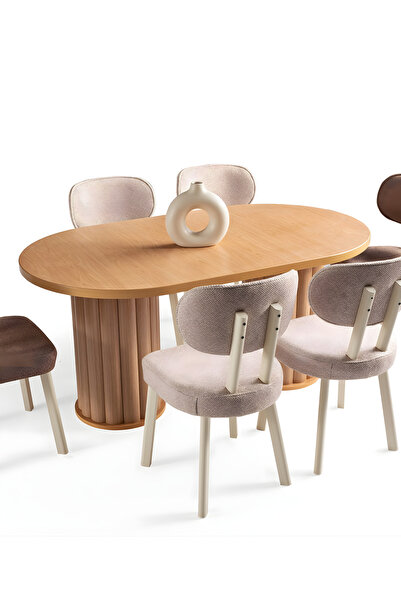 Liya Sare Yemek Masası 6 Kişilik Yemek Masası Salon Yemek Masası Bohem Oval Mutfak Masası 160x90 Cm Kayın