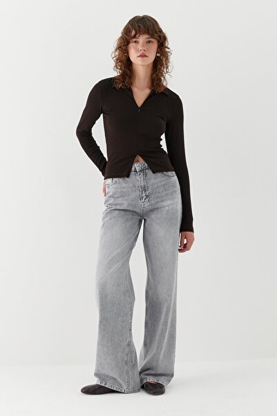 MARKALİSTE Μπλούζα με λαιμόκοψη πόλο με κρυφό φερμουάρ μπροστά, καφέ πικρό