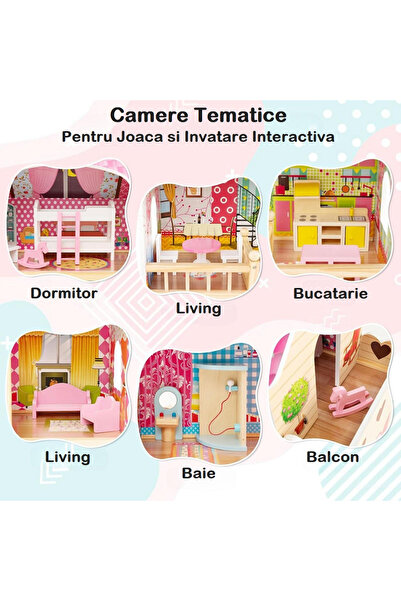 indiggo Casă de păpuși din lemn PinkPalace cu lumini LED