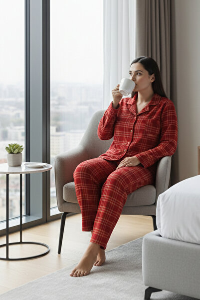Bravie Luxury Soft Red Plaid Pattern Long Sleeve Women's Pajama Set – Plus Size 3018