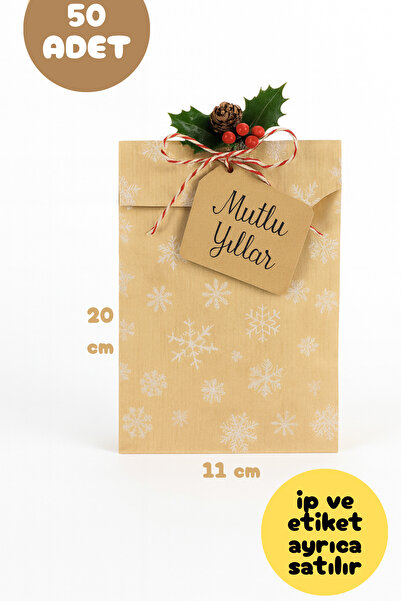 Dekals 50 Adet 11x20 Kar Desenli Minik Boy Hediye Paketi Yılbaşı Noel Temalı Hediye Ambalaj Kese Kağıdı