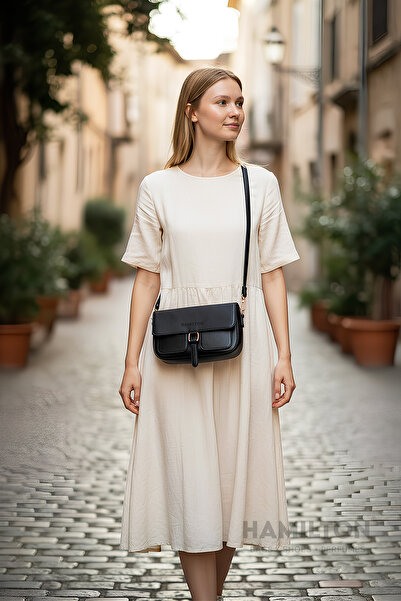 HAMILTON Original Women's Black Crossbody Adjustable Strap Lined Leather Baguette Daily Shoulder Bag with Card Holder