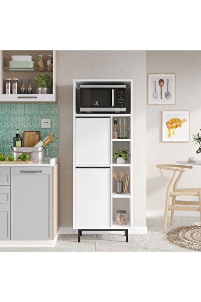 Yurudesign Ocean Mutfak Kiler Dolabı Mikrodalga 2 Kapaklı Raflı Metal Ayaklı Beyaz On10a-w
