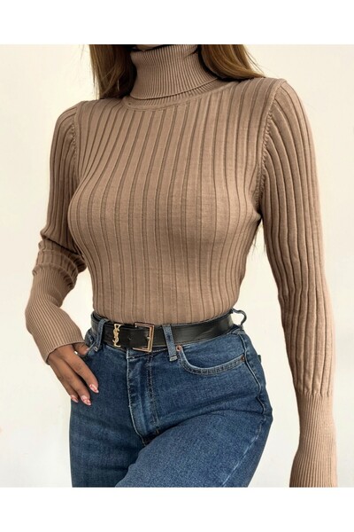 Modamorfo Turtleneck Corded Fabric Knitwear Sweater -Mink