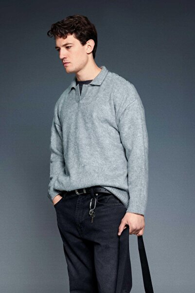 ablukaonline Men's Polo Neck Soft Textured Oversize Sweater Gray