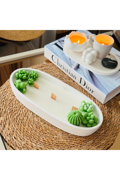 MYELFA Sukulent Süslemeli Dekoratif Kayık Tabakda Doğal Soya Wax Mum Seti