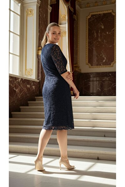 Nidya Moda Navy Blue Lace Plus Size Women's Evening Dress - 4161L