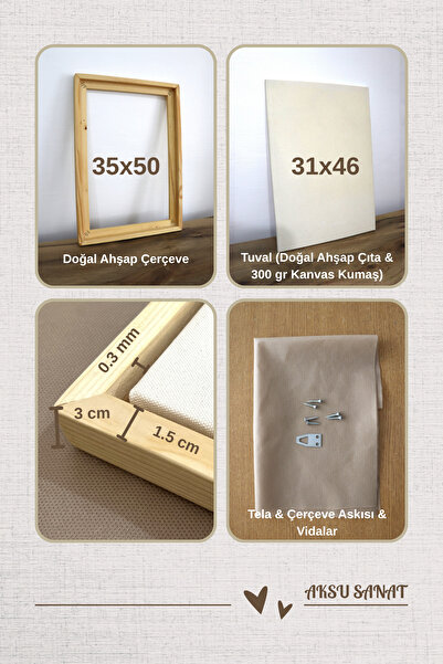 AKSU SANAT Hobby and Workshop Set, Natural Wood Canvas Frame, Canvas, Tela, Frame Hanger, Screws 35X50 cm