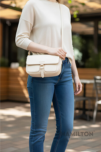 HAMILTON Original Women's Card Holder Cream Cross Adjustable Strap Lined Leather Baguette Daily Shoulder Bag
