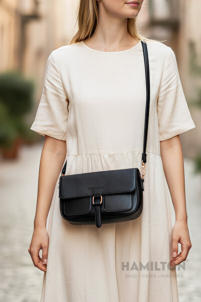 HAMILTON Original Women's Black Crossbody Adjustable Strap Lined Leather Baguette Daily Shoulder Bag with Card Holder