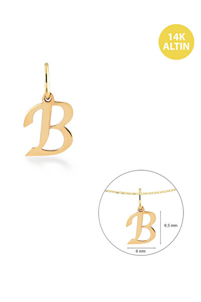 KURSHUNI Taşsız B Harfi, 14 Ayar Altın Kolye Ucu