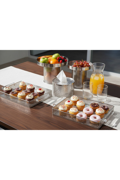 Generic Cake and dessert stand set + serving tray set + tissue box holder in a royal design