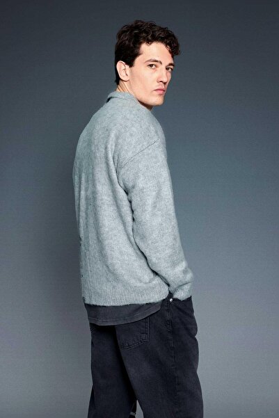 ablukaonline Men's Polo Neck Soft Textured Oversize Sweater Gray