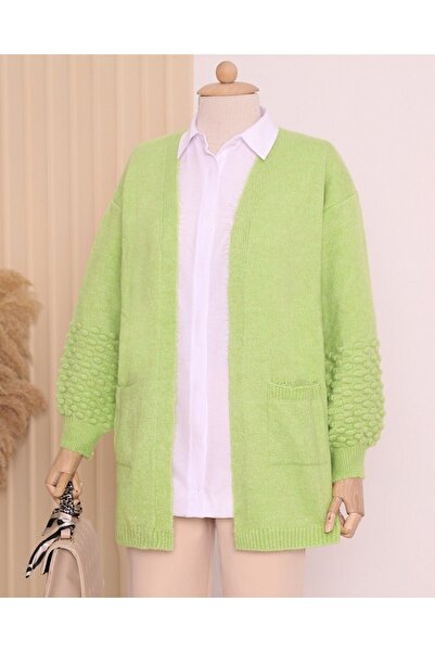 Modamorfo Balloon Sleeve Pompom Pocket Cardigan -F.Green