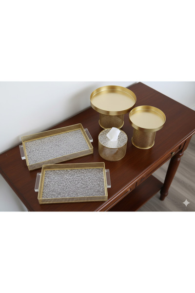 Generic Cake and dessert stand set + serving tray set + tissue box holder in a royal design