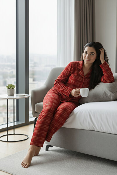 Bravie Luxury Soft Red Plaid Pattern Long Sleeve Women's Pajama Set – Plus Size 3018