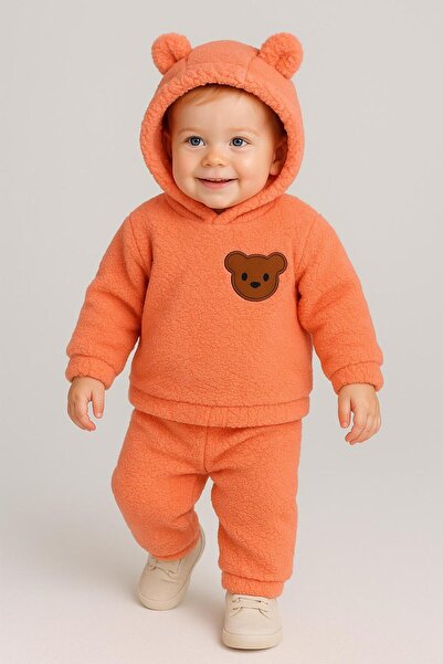 nevrankids Bebek Peluş Ayı Kulaklı Kapüşonlu 2'li Takım - Kışlık Polar