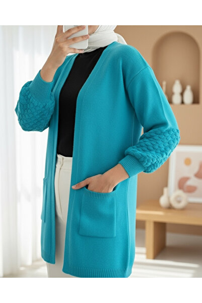 Modamorfo Balloon Sleeve Pompom Pocket Cardigan -Turquoise