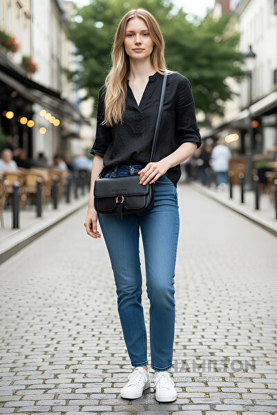 HAMILTON Original Women's Black Crossbody Adjustable Strap Lined Leather Baguette Daily Shoulder Bag with Card Holder