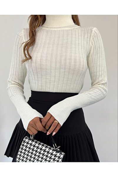 Modamorfo Turtleneck Corded Fabric Knitwear Sweater -White