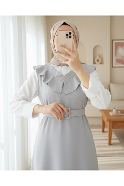 Modamorfo Long Gilet Dress with V-Neck Belt - Gray