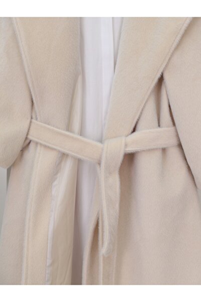 Modamorfo Ribbed Sleeve Shawl Collar Lined Cashmere Coat - Cream