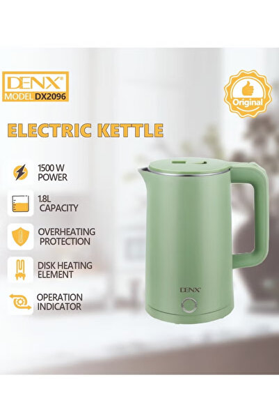 Denx Electric Kettle 1.8L — 1500W, Stainless Steel, Auto Shut-Off, Boil-Dry Protection (Green)