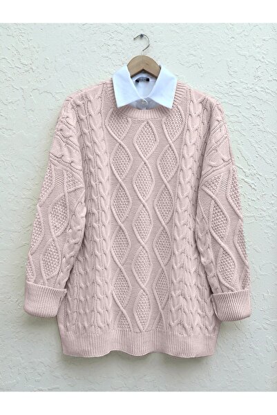 Modamorfo Zimní ležérní pletený svetr s voštinovým vzorem - prášek