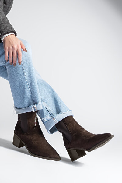 Marjin Women's Pointed Toe Thick Heeled Double Elastic Heeled Boots Ropes Brown Suede