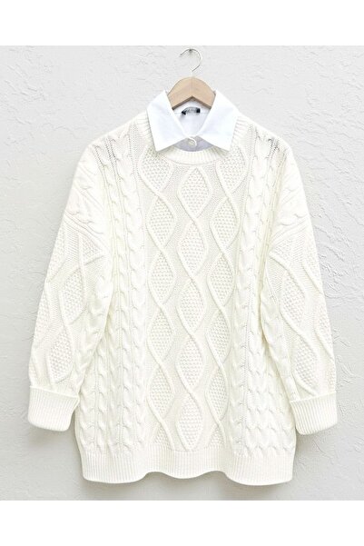 Modamorfo Zimní ležérní pletený svetr s voštinovým vzorem - Ecru