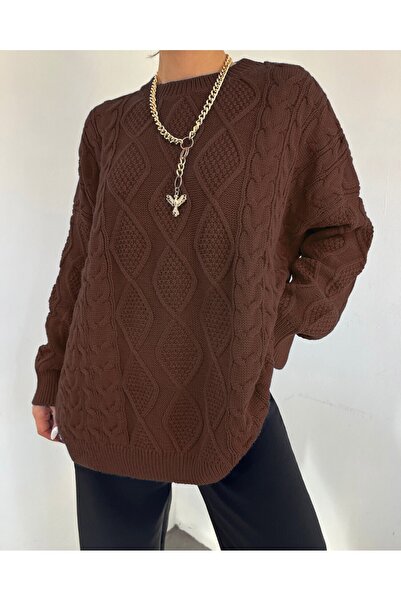 Modamorfo Πουλόβερ χειμερινό casual πλεκτό με σχέδιο κηρήθρας - Καφέ