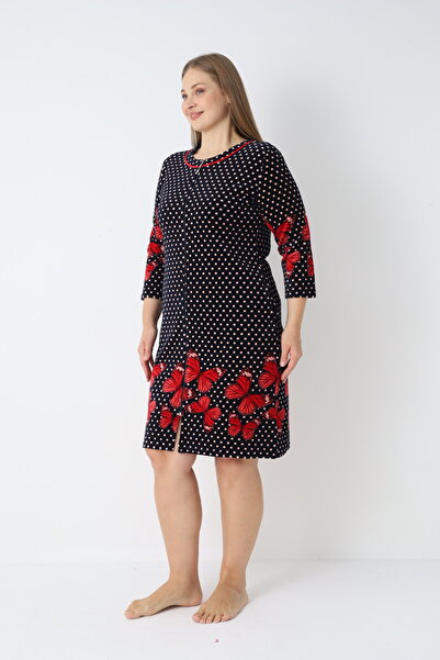 ROMEO LİFE Women's Plus Size Cotton Velvet Zipper Dress 3528 / Beige-Red