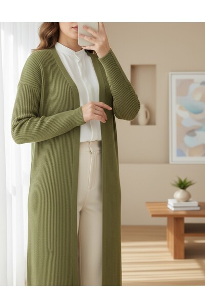 Modamorfo Ribbed Long Knit Cardigan with Side Slits - Khaki