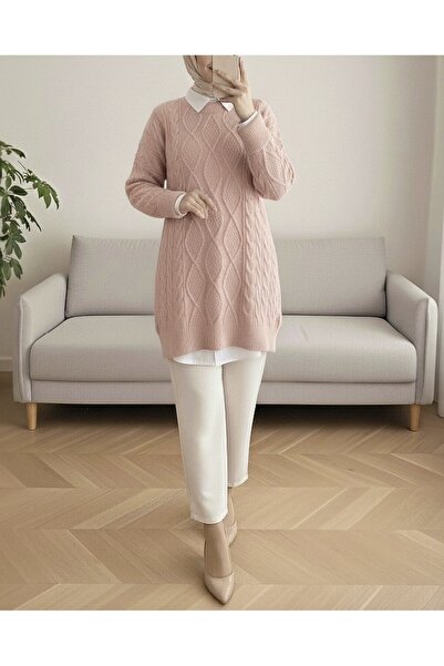 Modamorfo Zimní ležérní pletený svetr s voštinovým vzorem - prášek