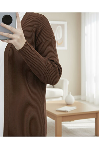 Modamorfo Ribbed Long Knitwear Cardigan with Side Slits - Brown