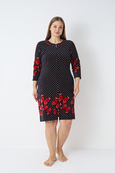 ROMEO LİFE Women's Plus Size Cotton Velvet Zipper Dress 3528 / Beige-Red