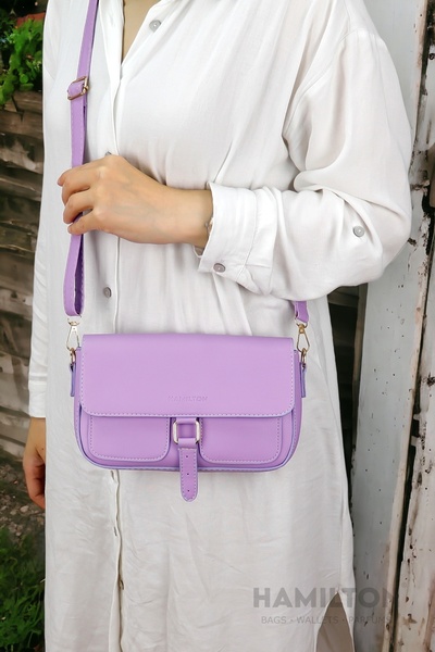 HAMILTON Original Women's Lilac Cross Adjustable Strap Lined Leather Baguette Daily Shoulder Bag with Card Holder