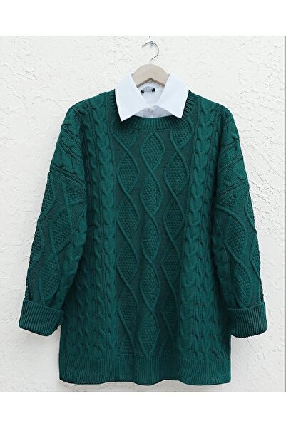 Modamorfo Petek Desen Zimní Ležérní Pletený Svetr - Smaragdový