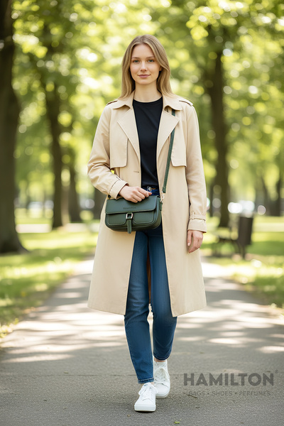 HAMILTON Original Women's Khaki Crossbody Adjustable Strap Lined Leather Baguette Daily Shoulder Bag with Card Holder