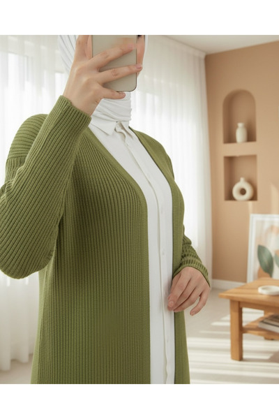 Modamorfo Ribbed Long Knit Cardigan with Side Slits - Khaki