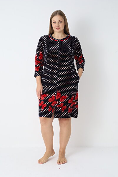 ROMEO LİFE Women's Plus Size Cotton Velvet Zipper Dress 3528 / Beige-Red