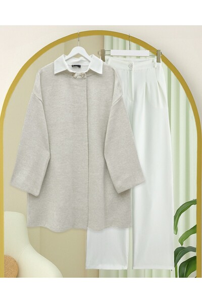 Modamorfo Double Button Casual Knitwear Poncho -Stone