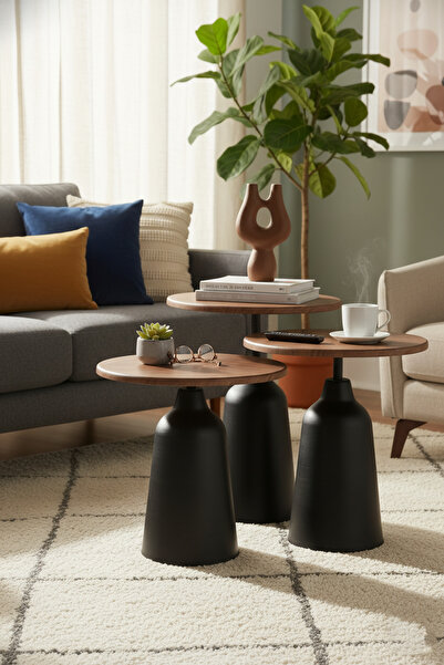 Vina Dekor 3’lü Zigon Sehpa , Yan Sehpa Siyah Metal Ayak - Ceviz Üst