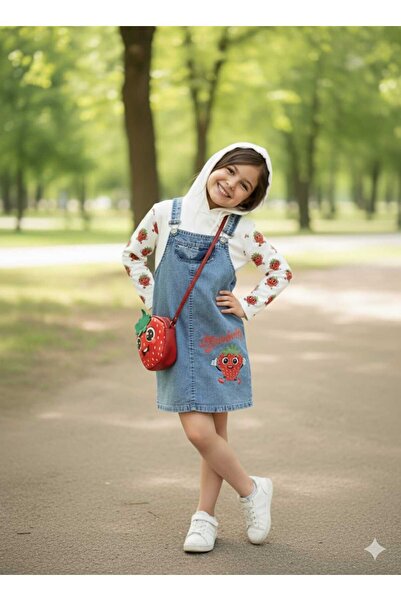 bubiee baby Çilek Baskılı Kot Jile Çanta Hediyeli 3 lü Takım